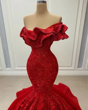 High Design Lady Party Dress Red Carpet Lace Sequins Bead Ruffles Sleeveless Elegant Mermaid Evening Dress