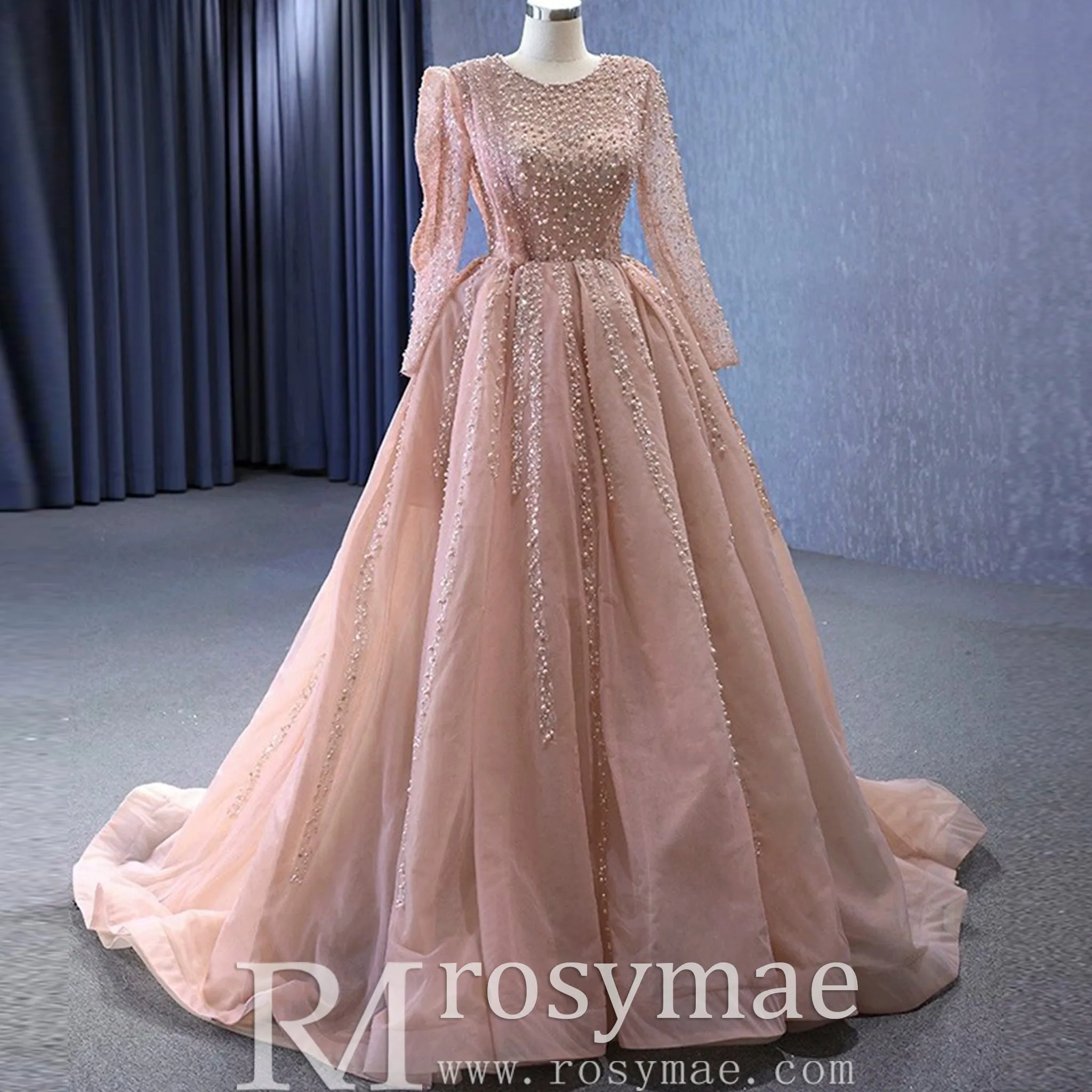 High-end Long Sleeve Ball Gowns Evening Pageant Dress with Pearl Beaded