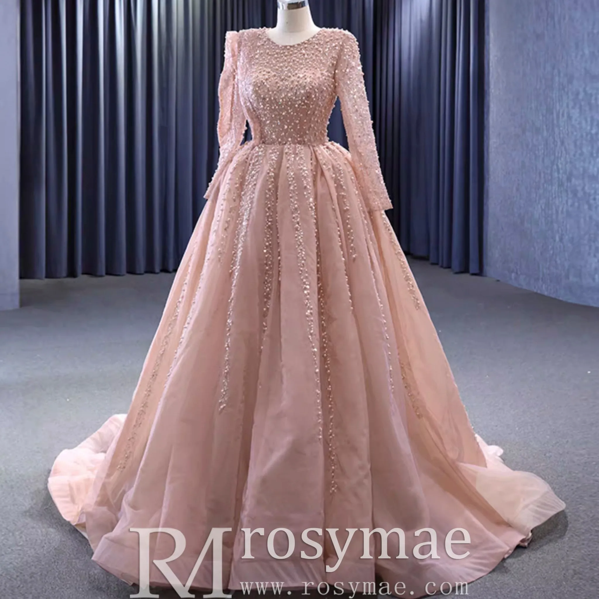 High-end Long Sleeve Ball Gowns Evening Pageant Dress with Pearl Beaded