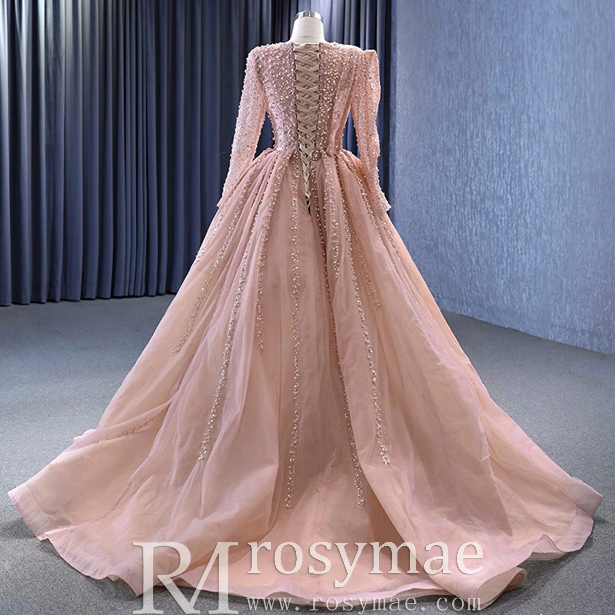 High-end Long Sleeve Ball Gowns Evening Pageant Dress with Pearl Beaded