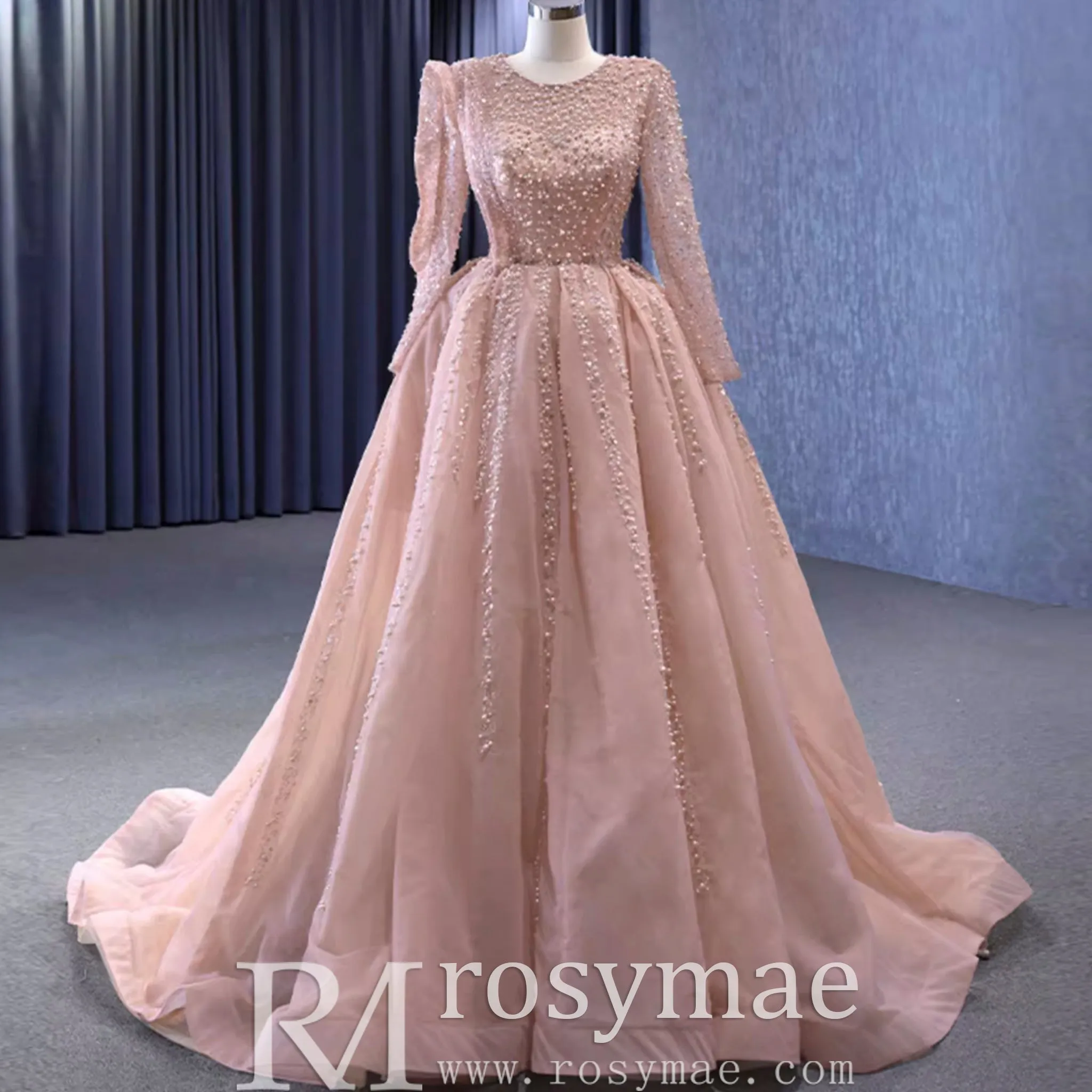High-end Long Sleeve Ball Gowns Evening Pageant Dress with Pearl Beaded