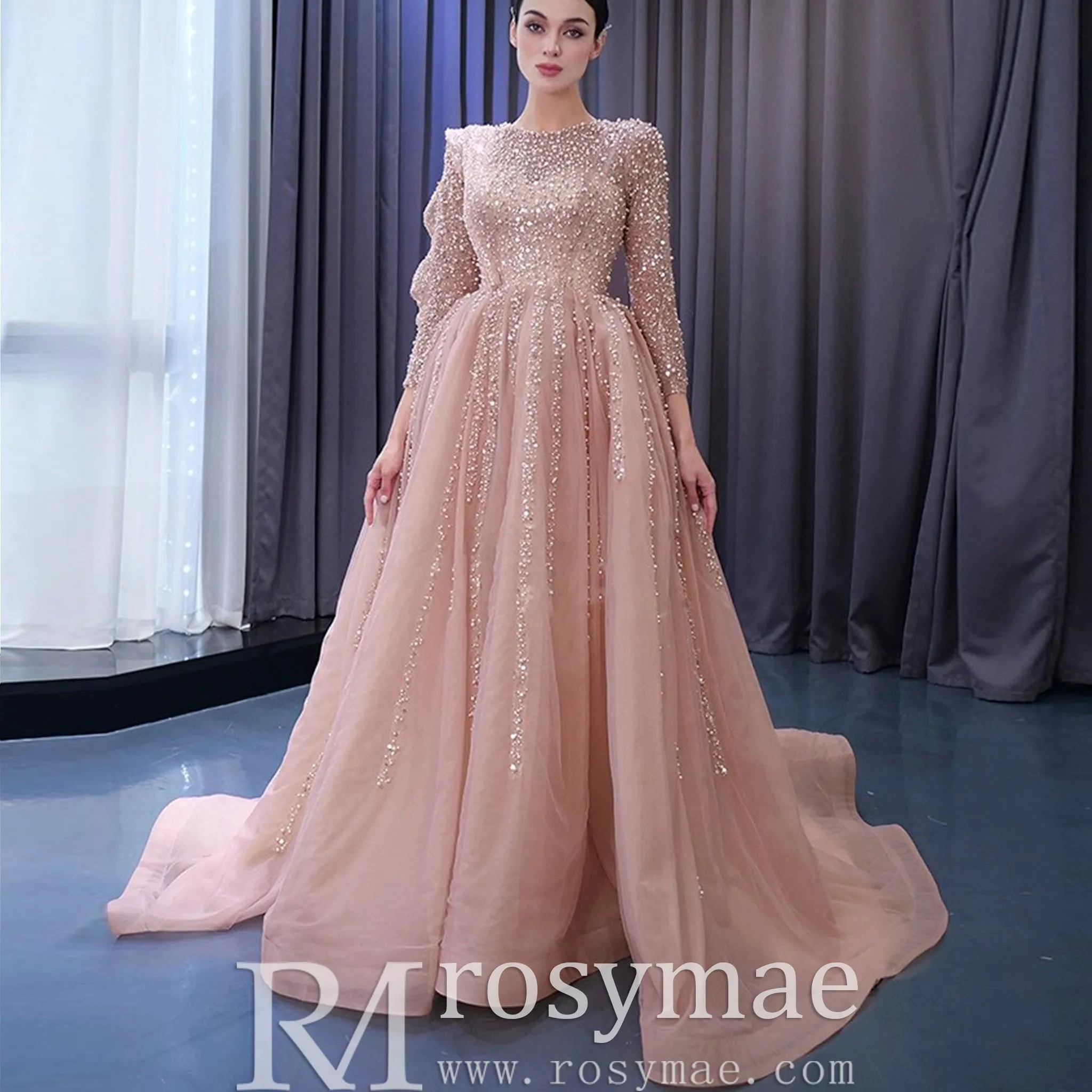 High-end Long Sleeve Ball Gowns Evening Pageant Dress with Pearl Beaded