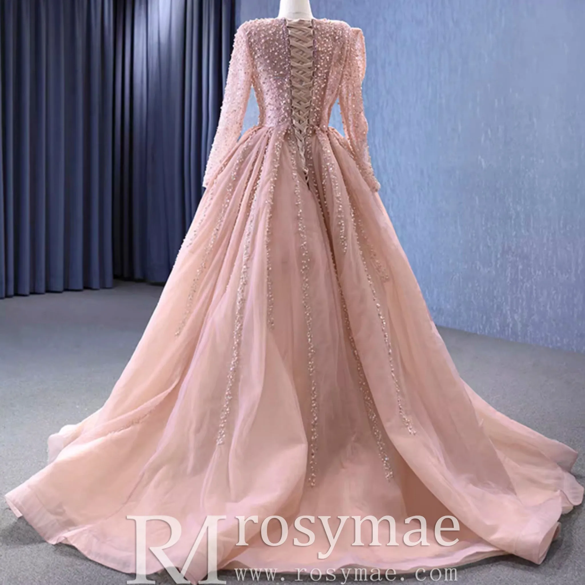 High-end Long Sleeve Ball Gowns Evening Pageant Dress with Pearl Beaded