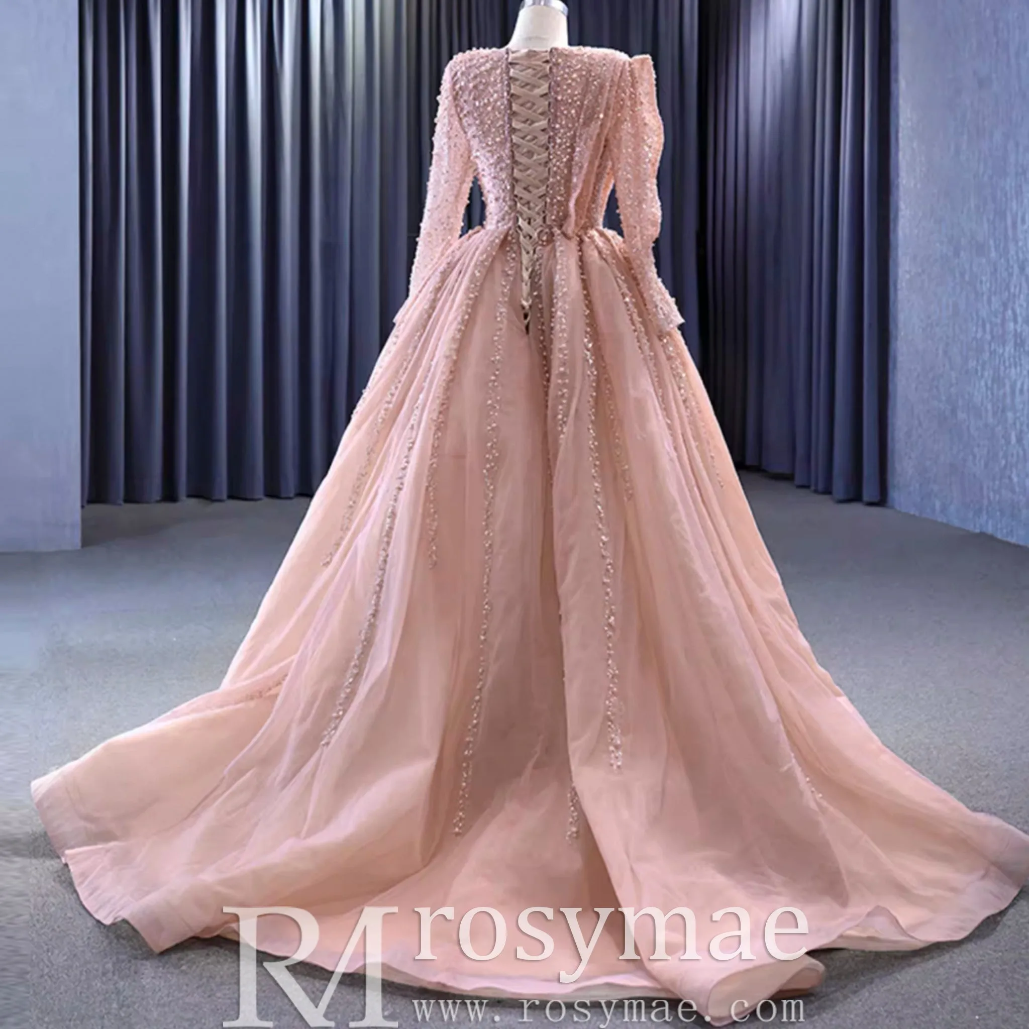 High-end Long Sleeve Ball Gowns Evening Pageant Dress with Pearl Beaded