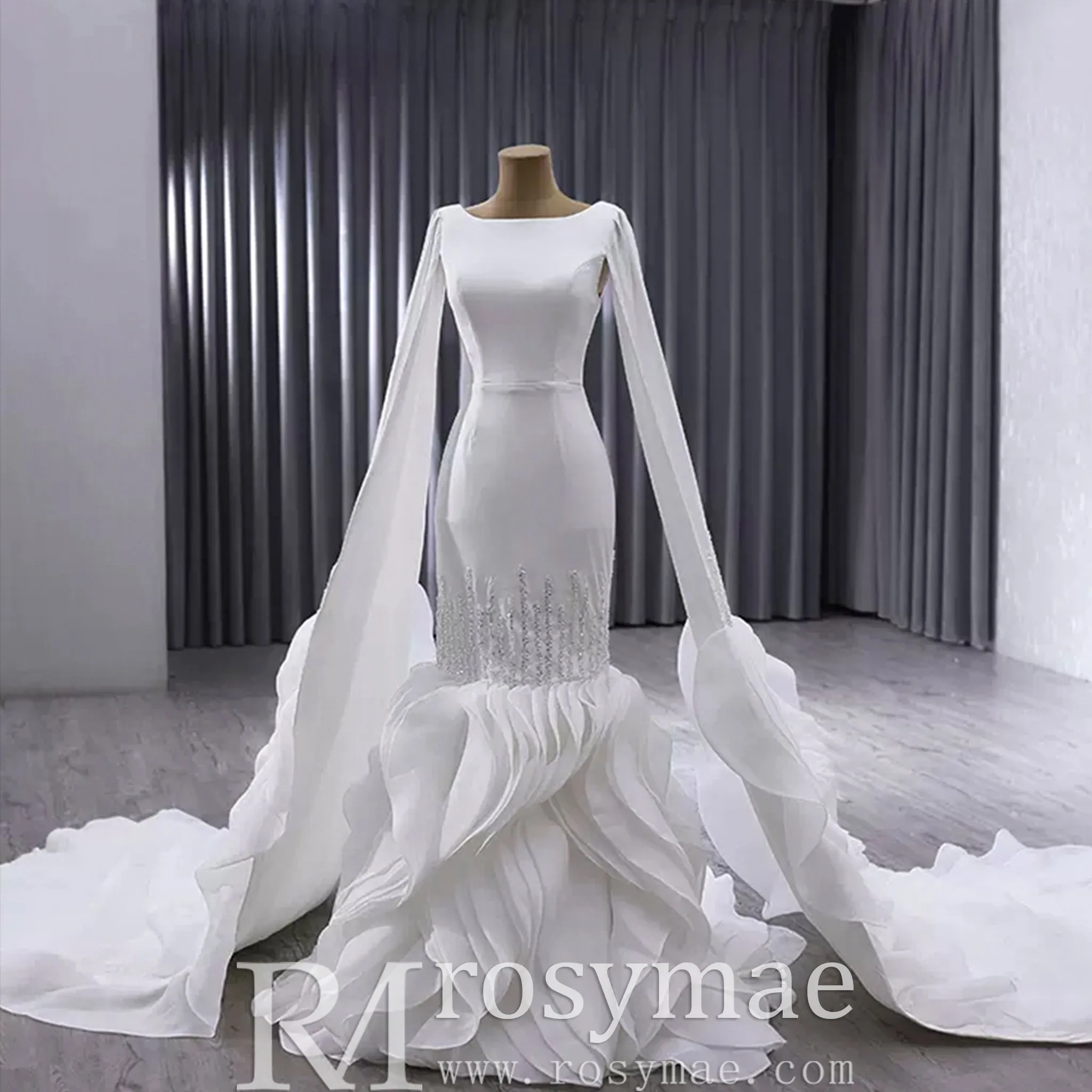High-end Unique Ruffles Trumpet Wedding Dress With Long Sleeve