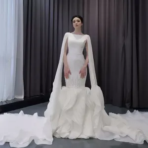High-end Unique Ruffles Trumpet Wedding Dress With Long Sleeve