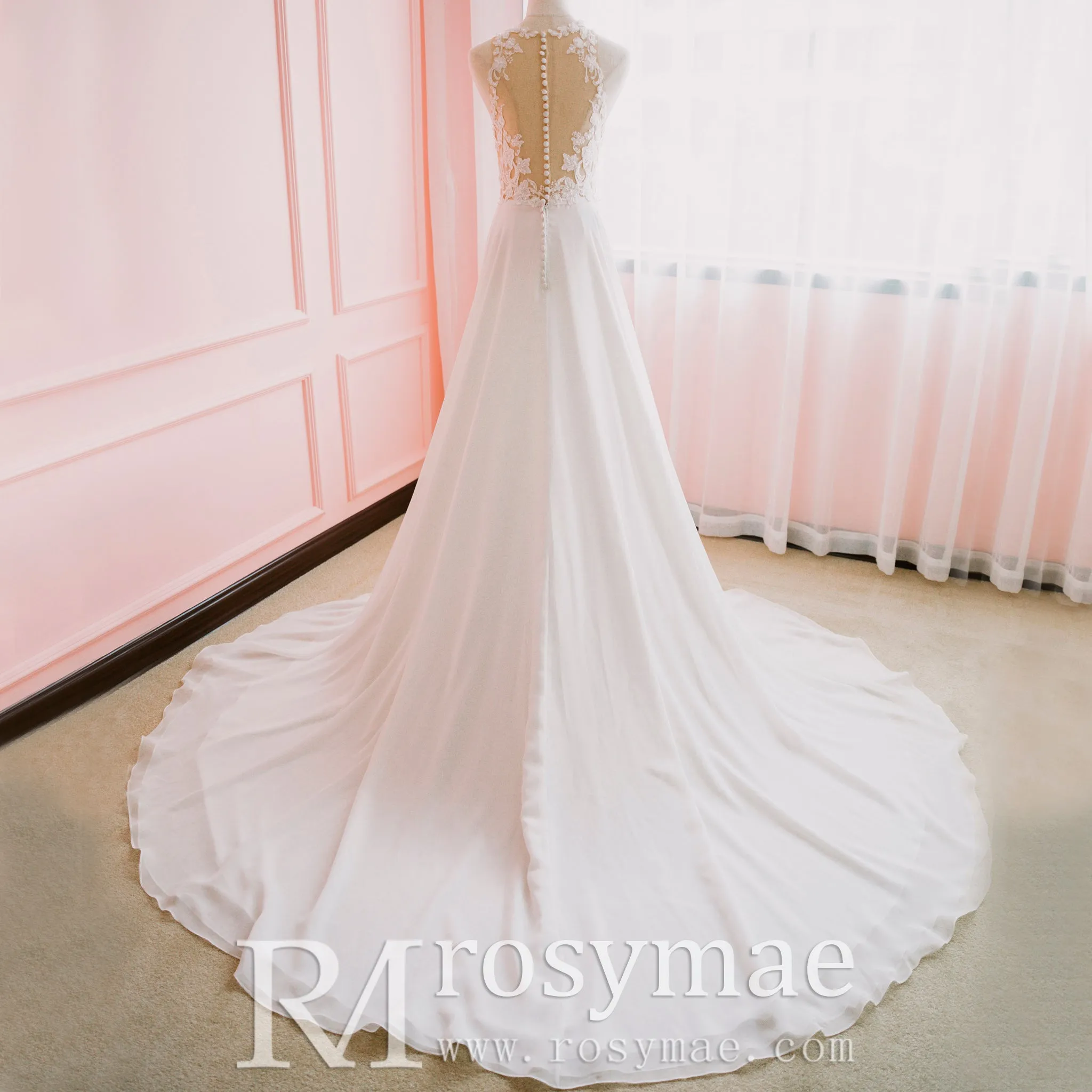 High Neck A-line Chiffon Wedding Dress with Sheer Bodice