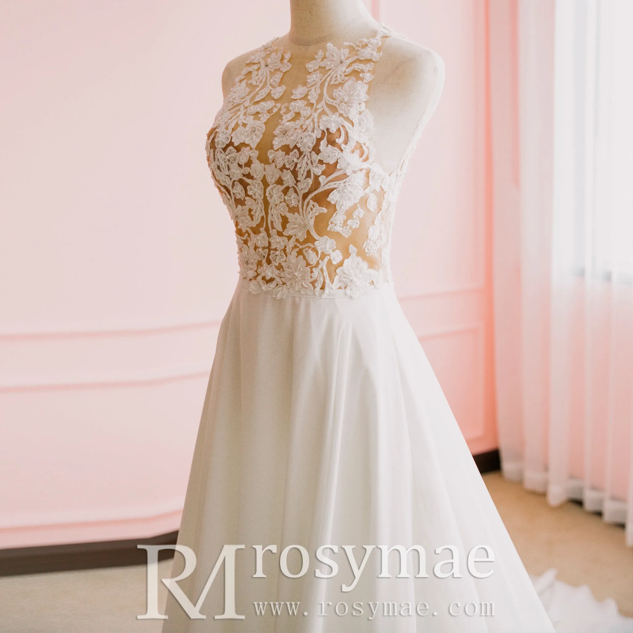 High Neck A-line Chiffon Wedding Dress with Sheer Bodice