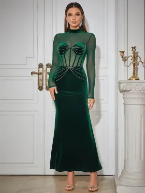 High Neck Long Sleeve Tulle Maxi Bodycon Dress HB10054