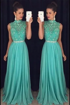 high neck prom dresses long chiffon lace applique beaded turquoise blue lace prom gown robe de soiree
