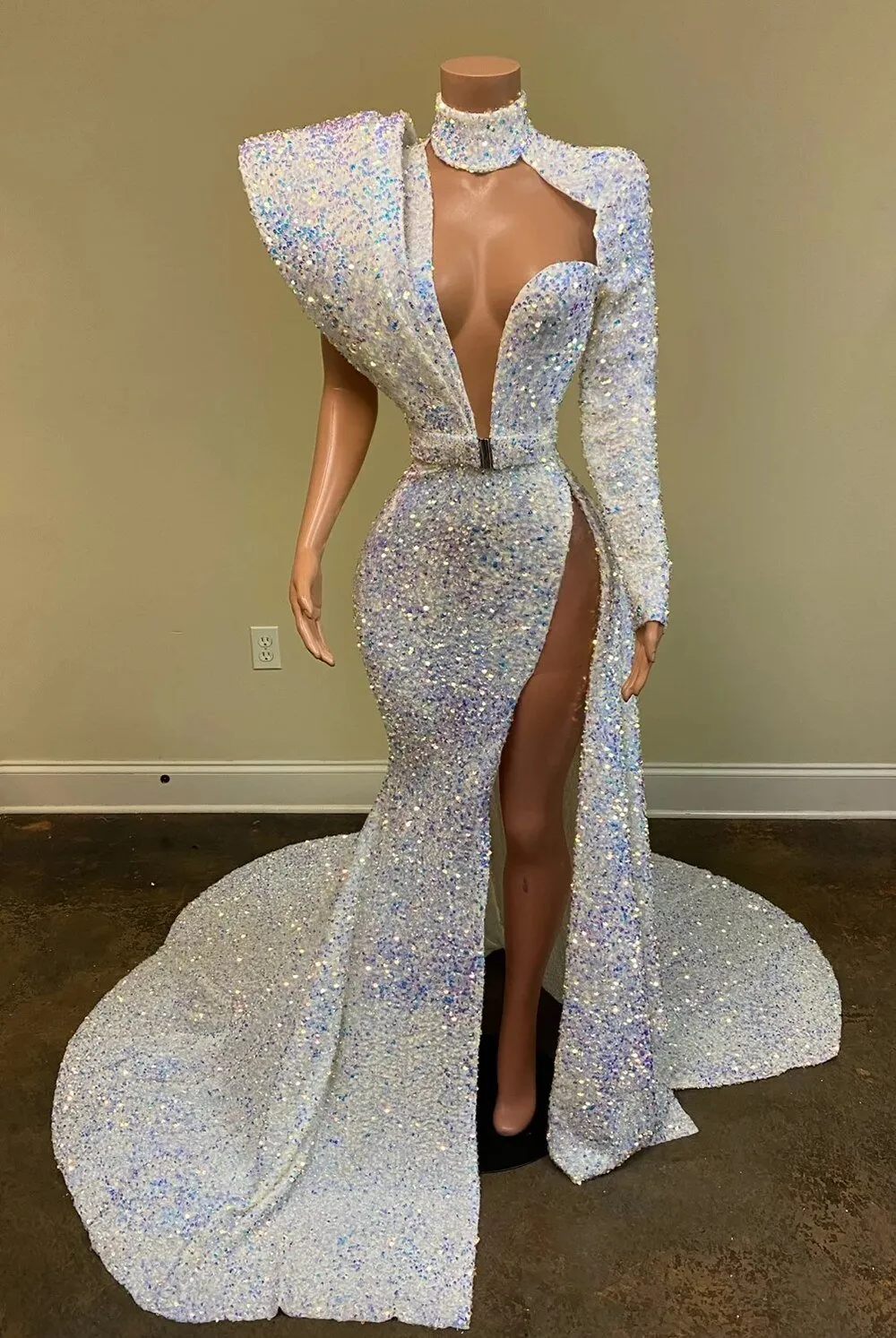 High Neck Single Long Sleeve Sexy High Slit  Girls Long Prom Dresses