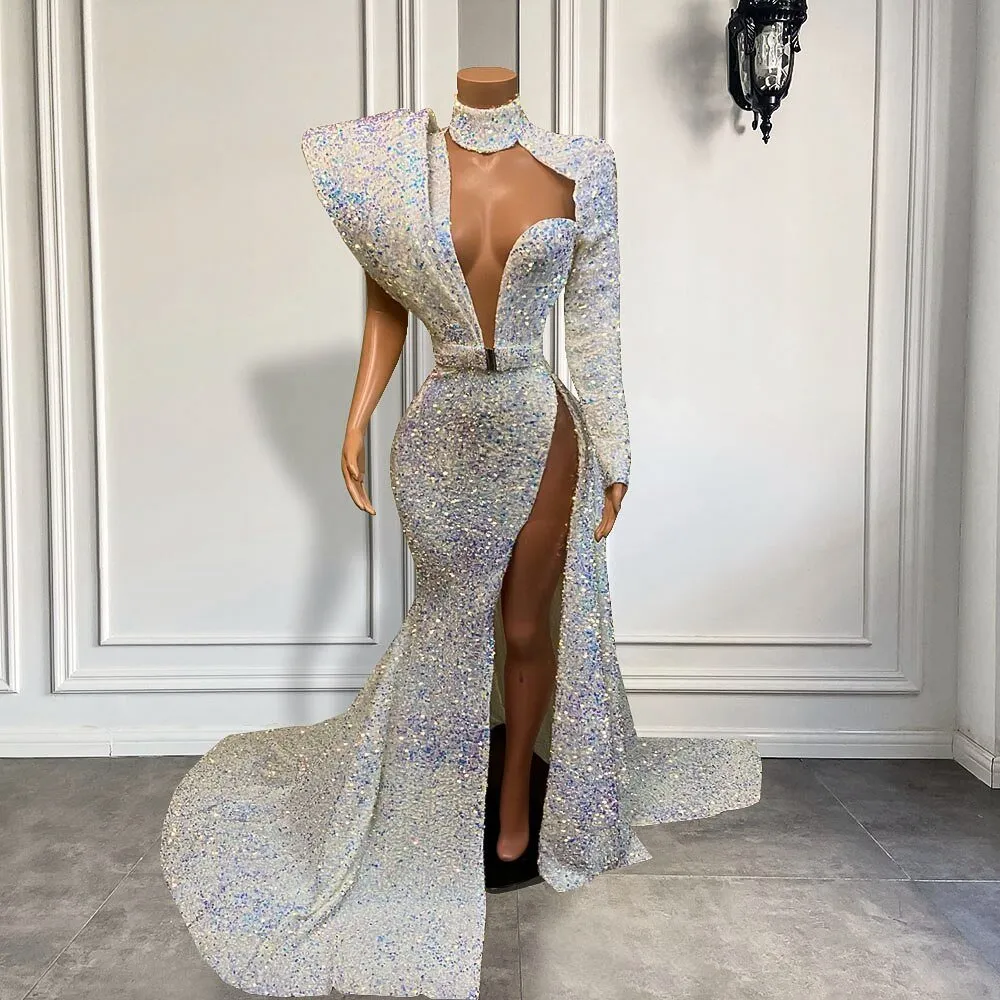 High Neck Single Long Sleeve Sexy High Slit  Girls Long Prom Dresses