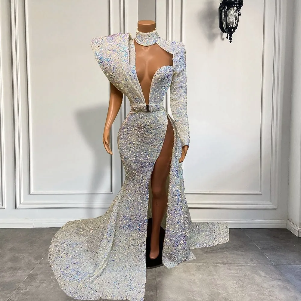 High Neck Single Long Sleeve Sexy High Slit  Girls Long Prom Dresses