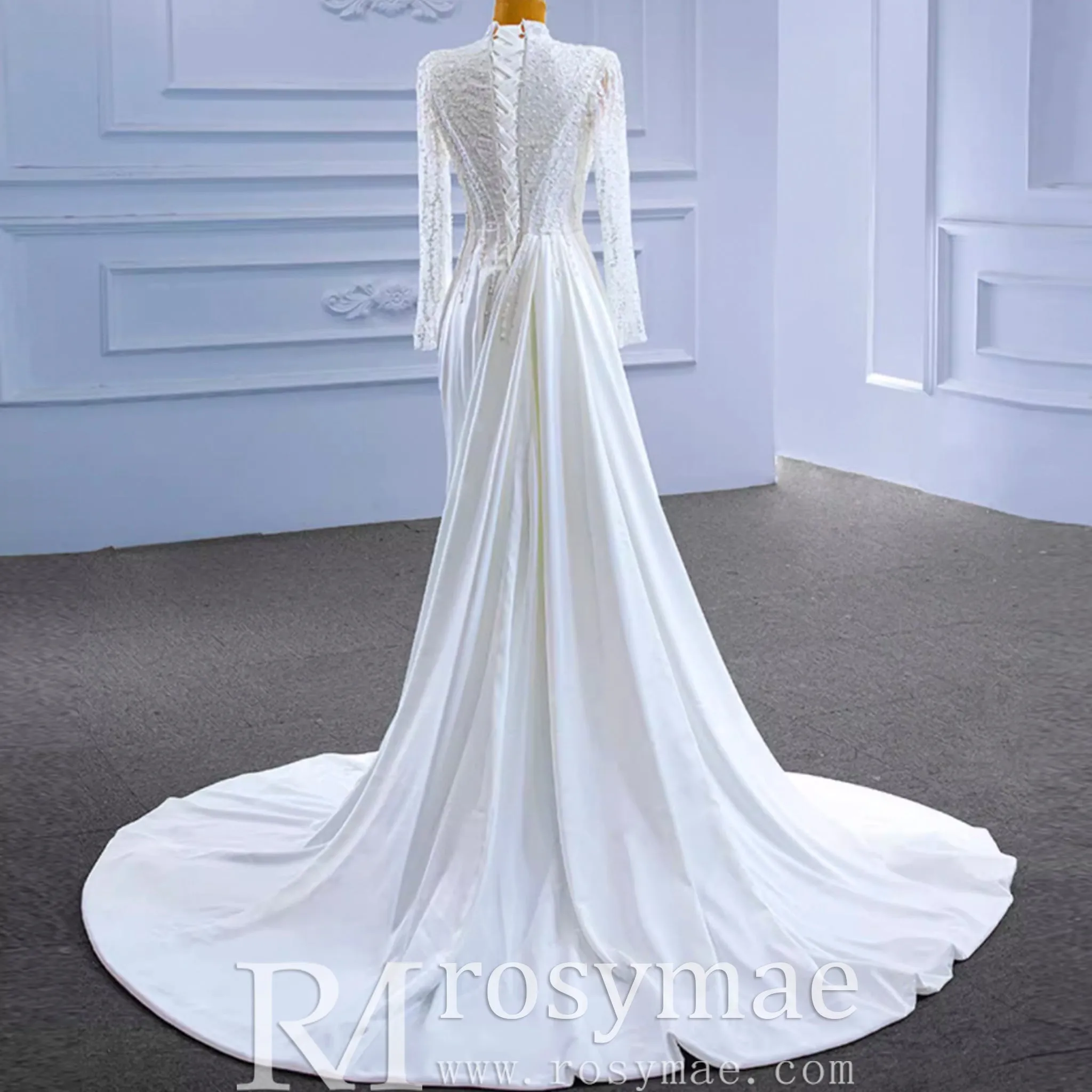 High Neck Sparkly Satin Muslim Wedding Dress Long Sleeve