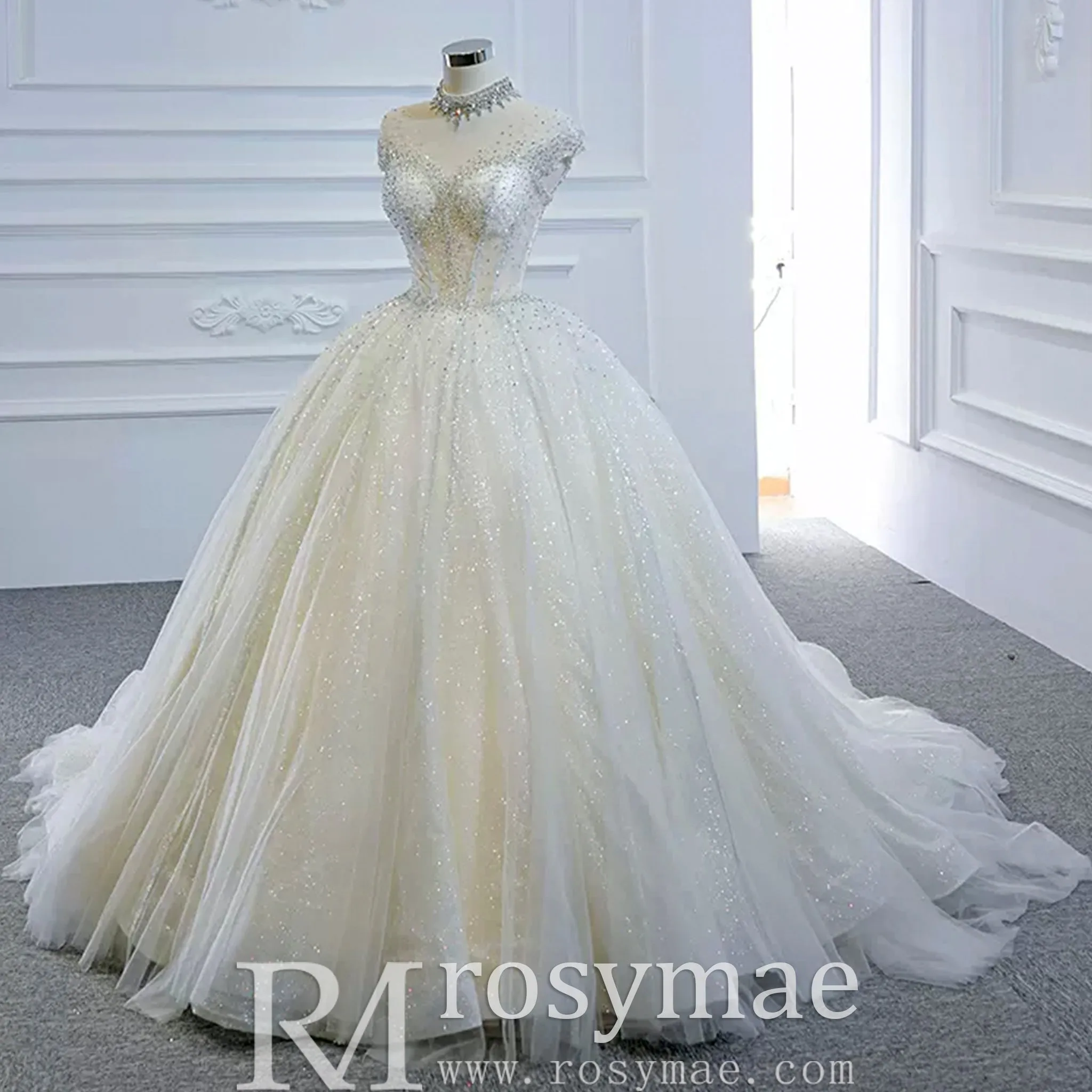 High O-neck Sparkly Ball Gown Wedding Dress with Keyhole Back