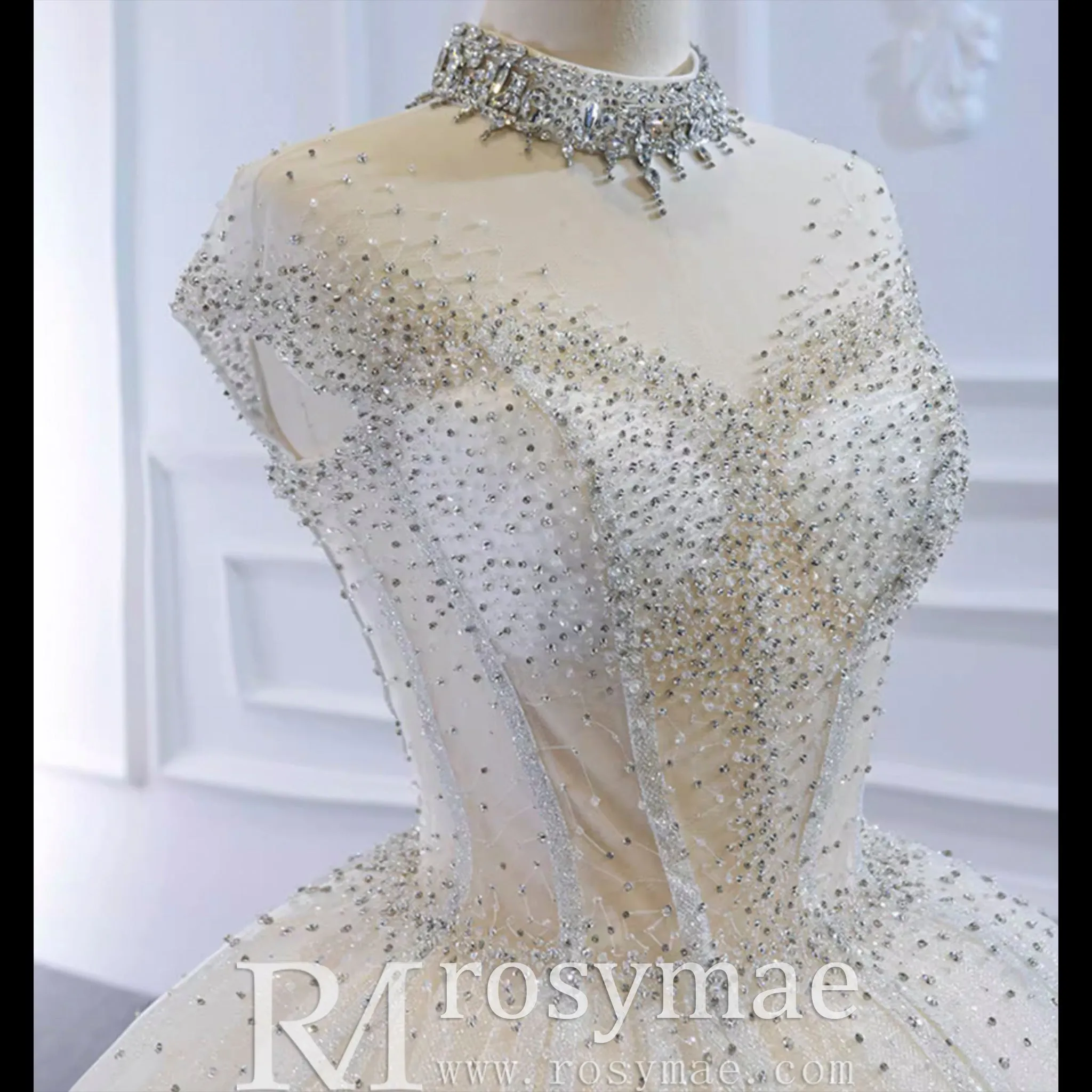 High O-neck Sparkly Ball Gown Wedding Dress with Keyhole Back