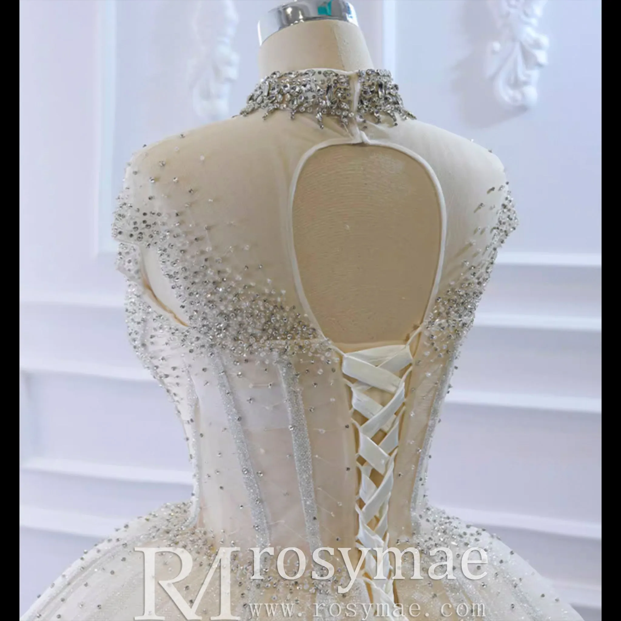High O-neck Sparkly Ball Gown Wedding Dress with Keyhole Back
