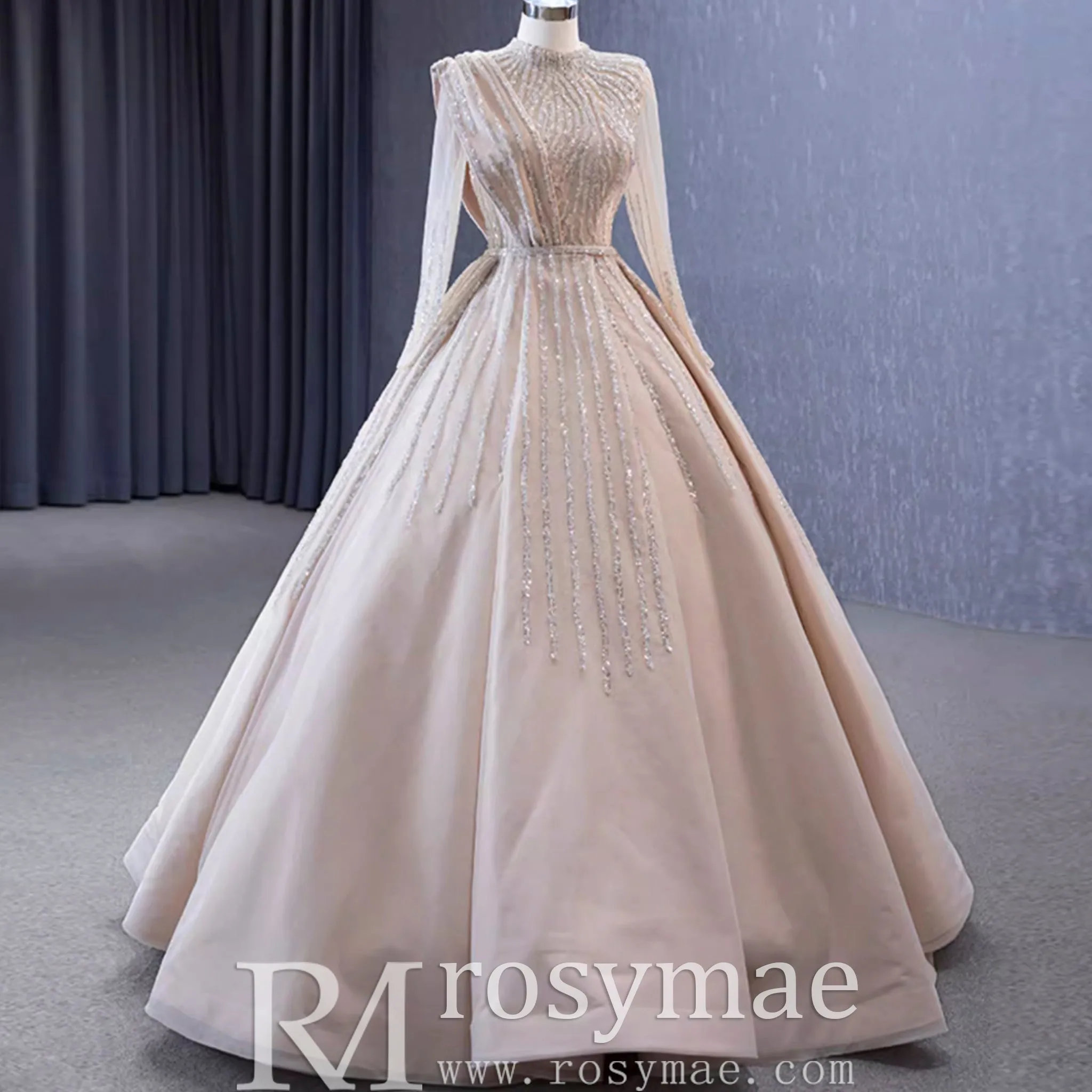 High O-neck Sparkly Beaded Formal Dress Prom Gown with Long Sleeve