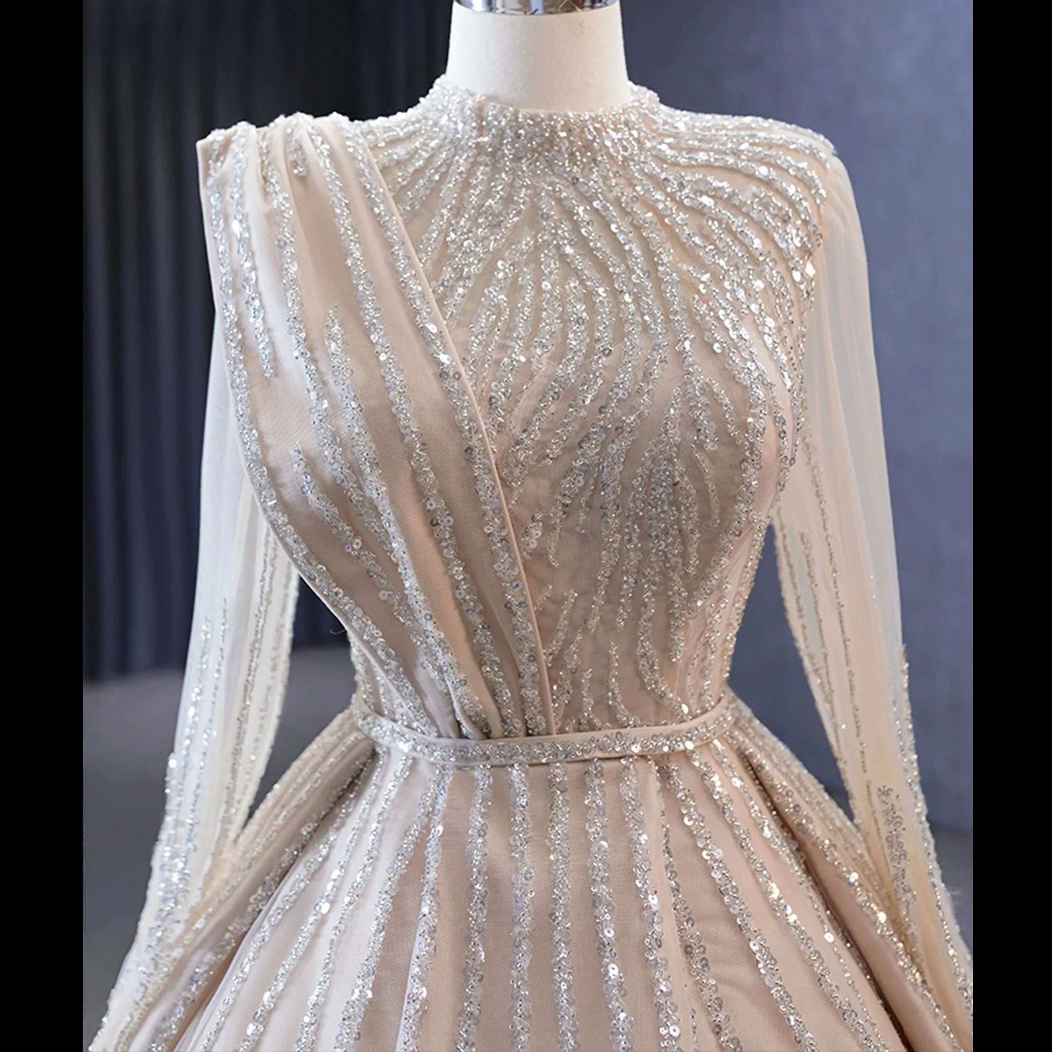 High O-neck Sparkly Beaded Formal Dress Prom Gown with Long Sleeve