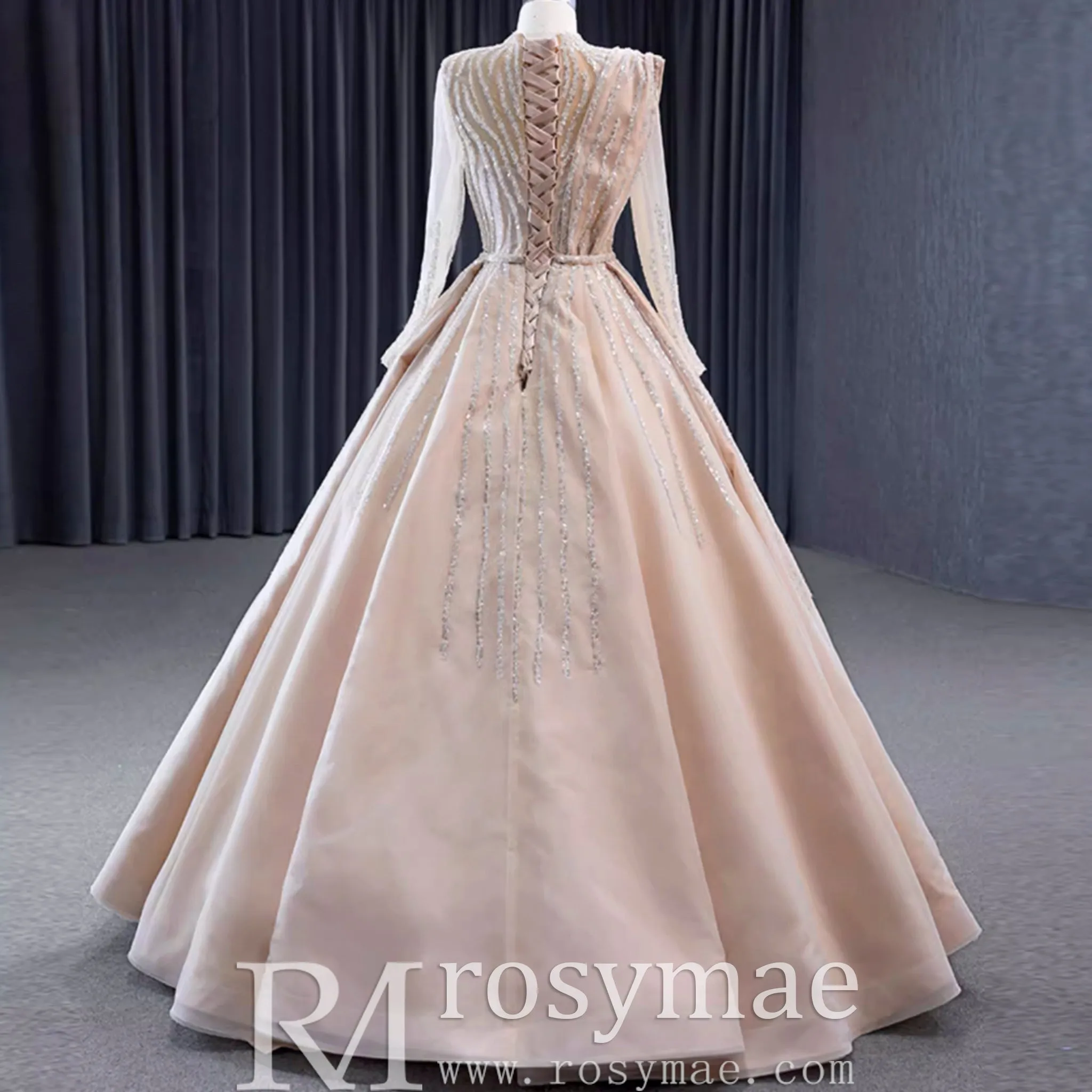 High O-neck Sparkly Beaded Formal Dress Prom Gown with Long Sleeve