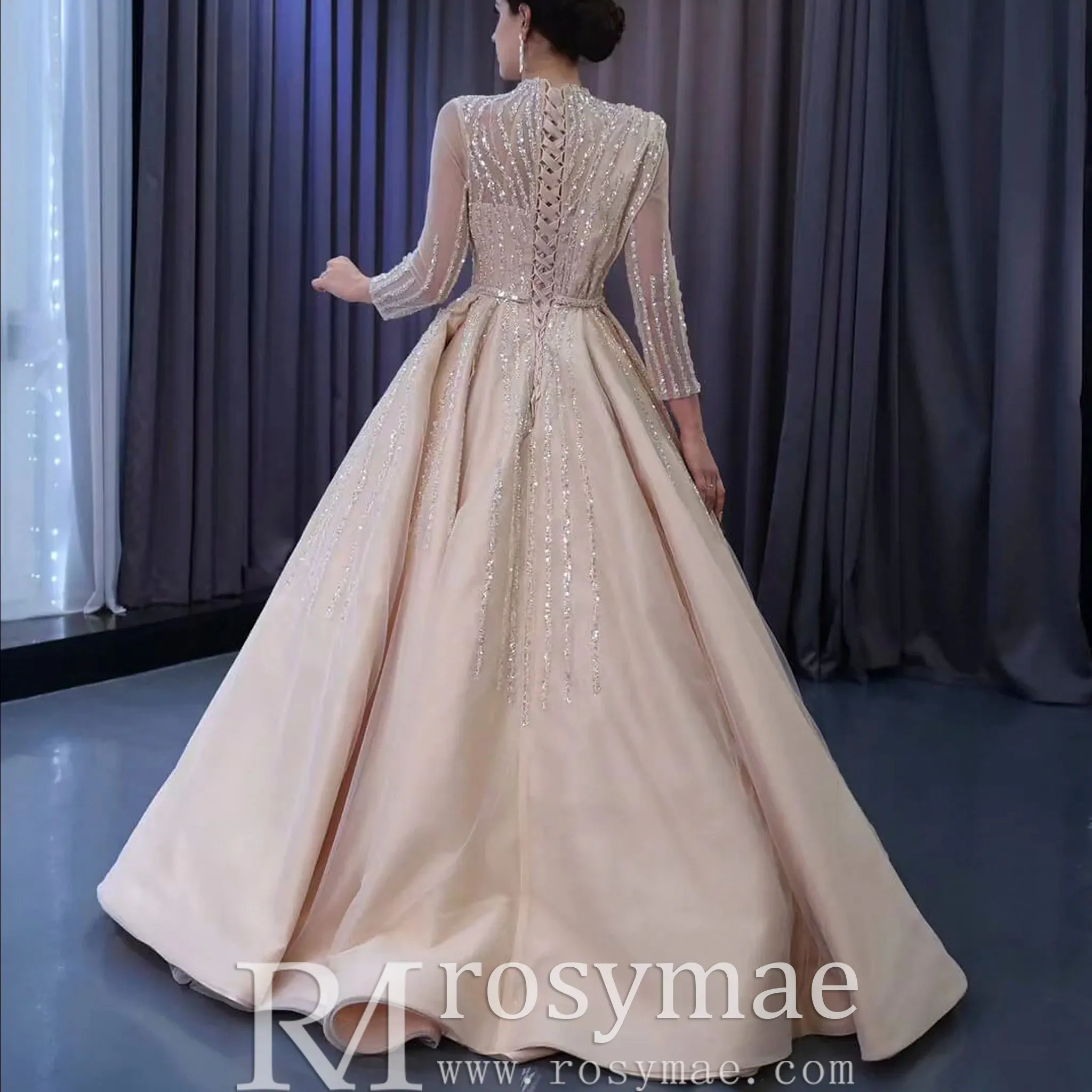 High O-neck Sparkly Beaded Formal Dress Prom Gown with Long Sleeve