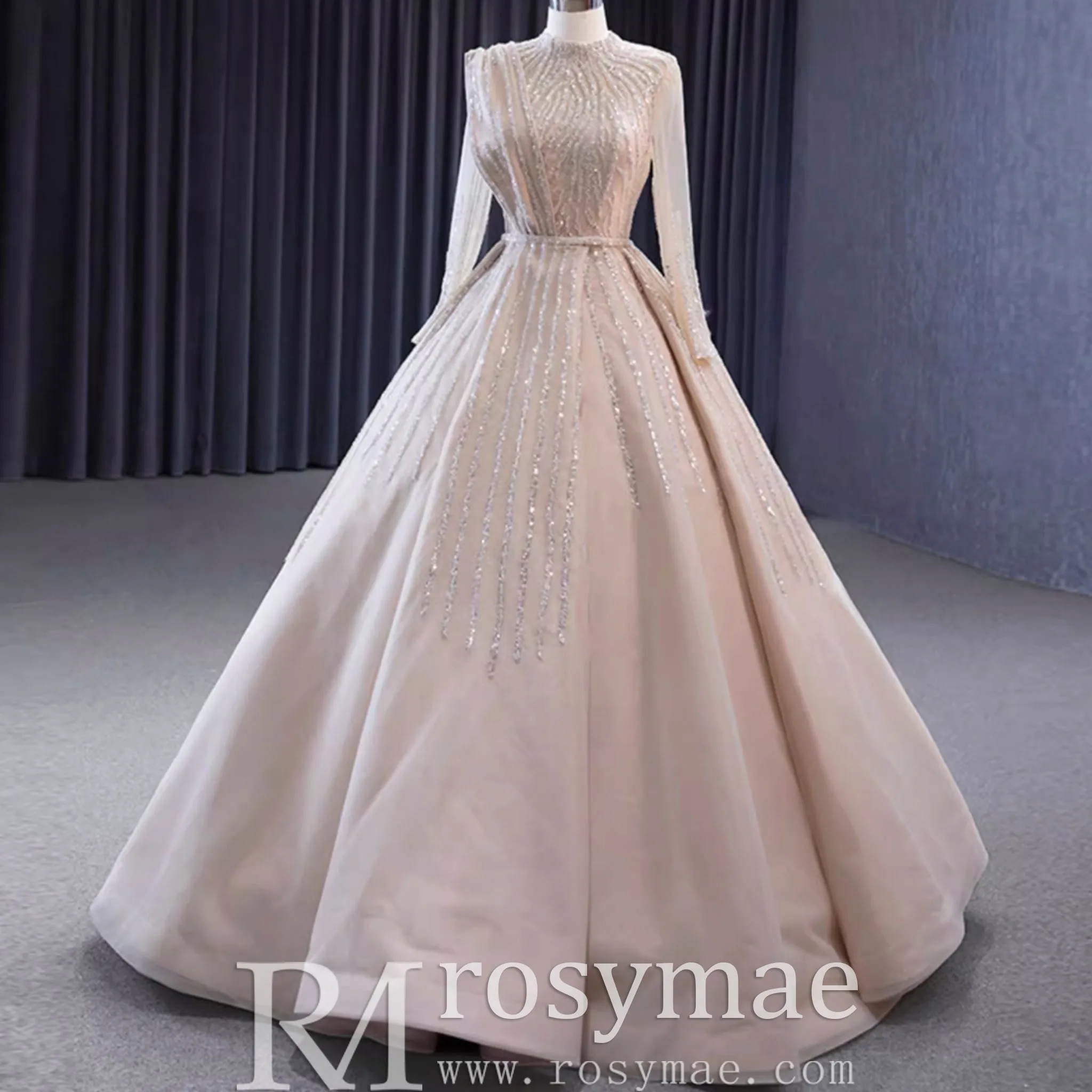 High O-neck Sparkly Beaded Formal Dress Prom Gown with Long Sleeve