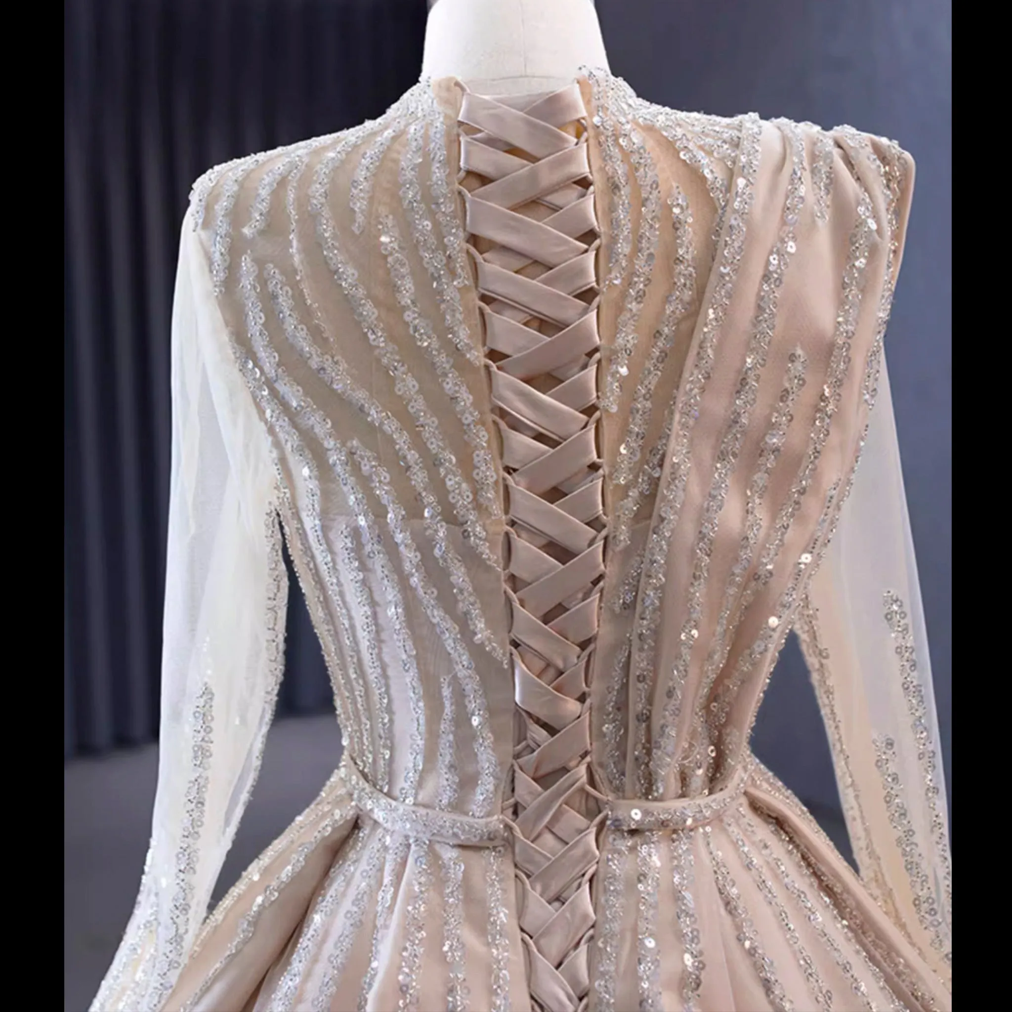 High O-neck Sparkly Beaded Formal Dress Prom Gown with Long Sleeve