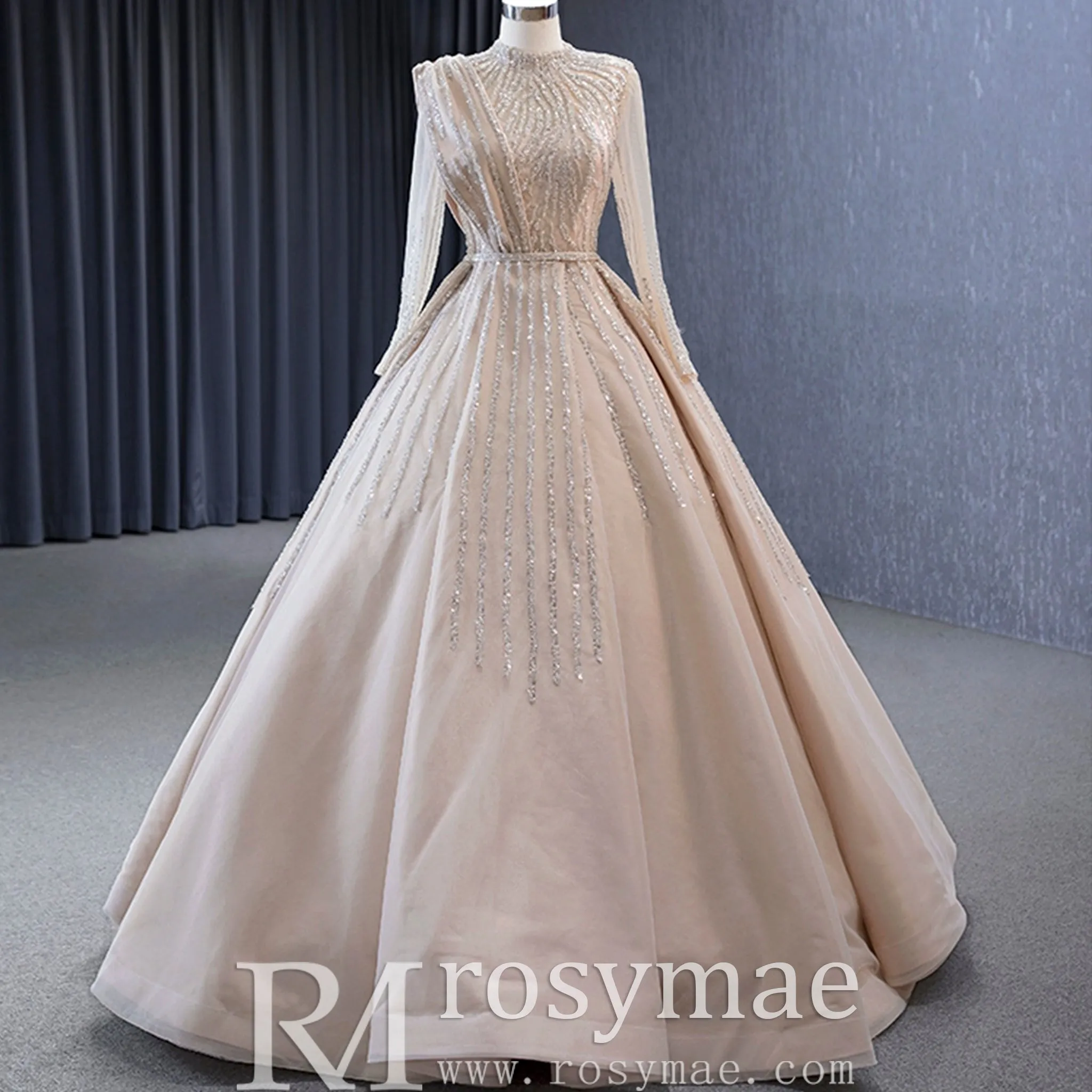 High O-neck Sparkly Beaded Formal Dress Prom Gown with Long Sleeve