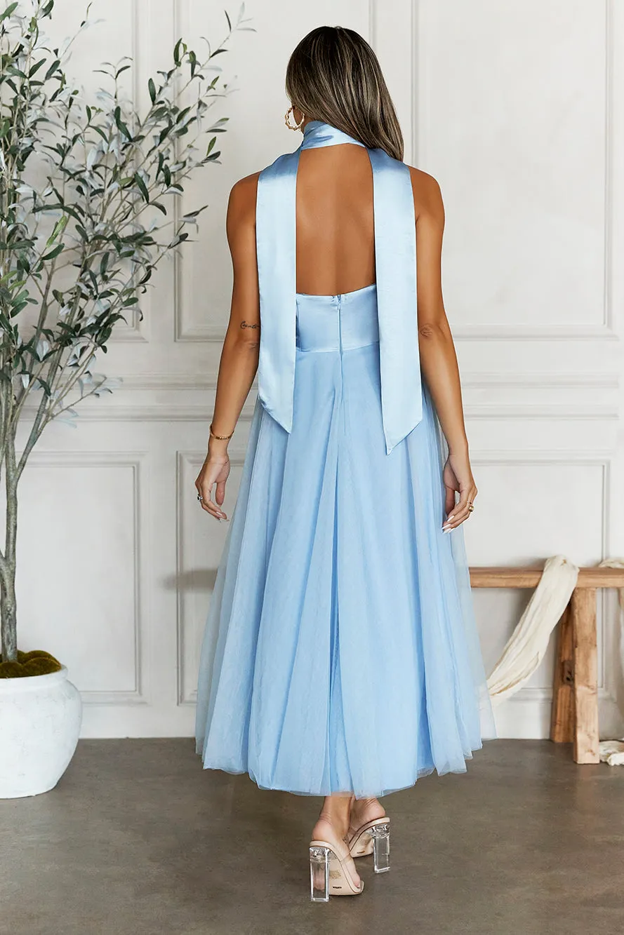 Highest Level Satin Tulle Midi Dress Blue
