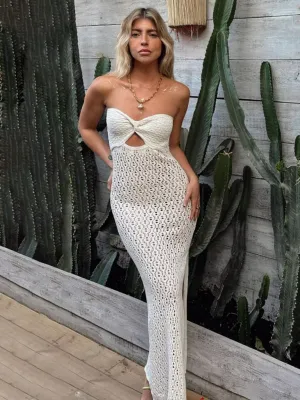 Hollow Knitted Tube Top Maxi Dress with Cut-Out Detail