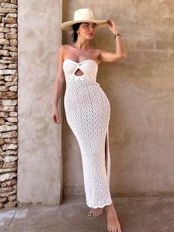 Hollow Knitted Tube Top Maxi Dress with Cut-Out Detail