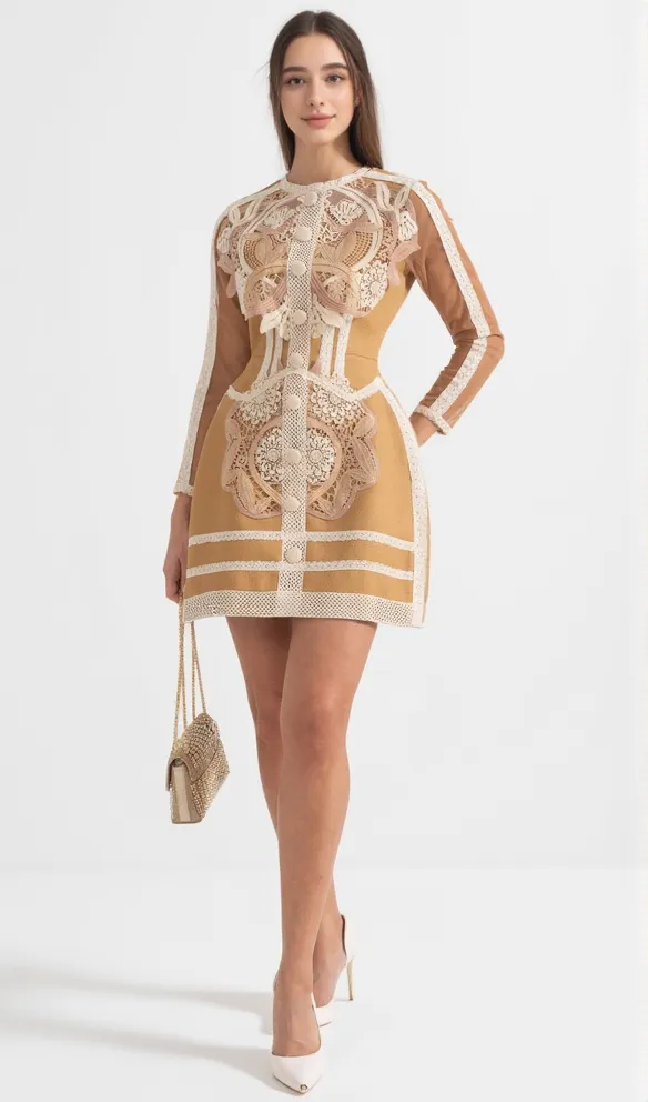 hollow lace peplum mini dress in yellow