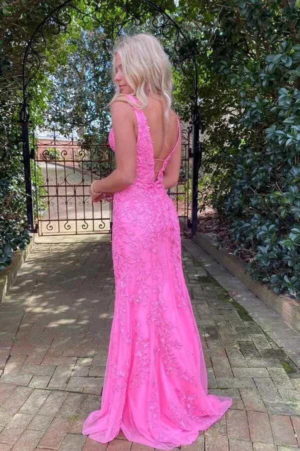 Hot Pink Tulle Mermaid Deep V-neck Prom Dresses With Lace Appliques, MP858