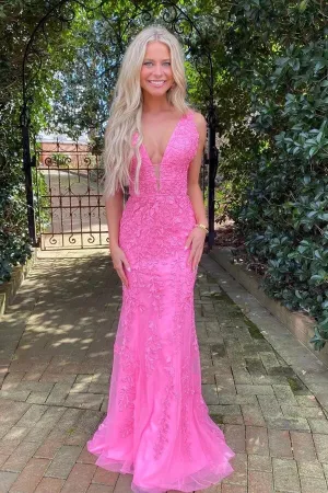 Hot Pink Tulle Mermaid Deep V-neck Prom Dresses With Lace Appliques, MP858