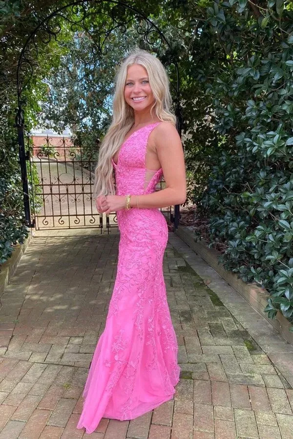 Hot Pink Tulle Mermaid Deep V-neck Prom Dresses With Lace Appliques, MP858