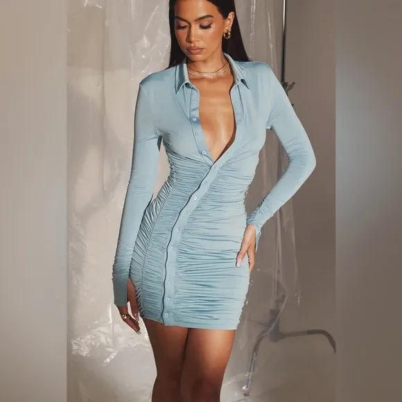 House of CB | Deana Mini Shirt Dress | Powder Blue | Large