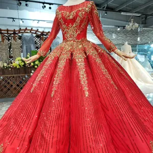 HTL218 Red Elegant Long Sleeve Muslim Women Evening Party Dress