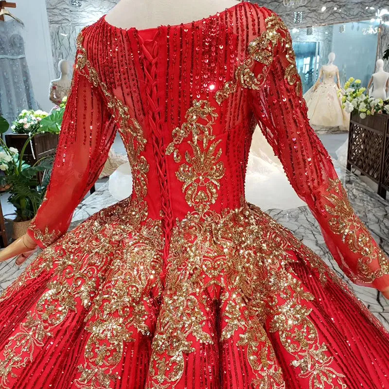 HTL218 Red Elegant Long Sleeve Muslim Women Evening Party Dress