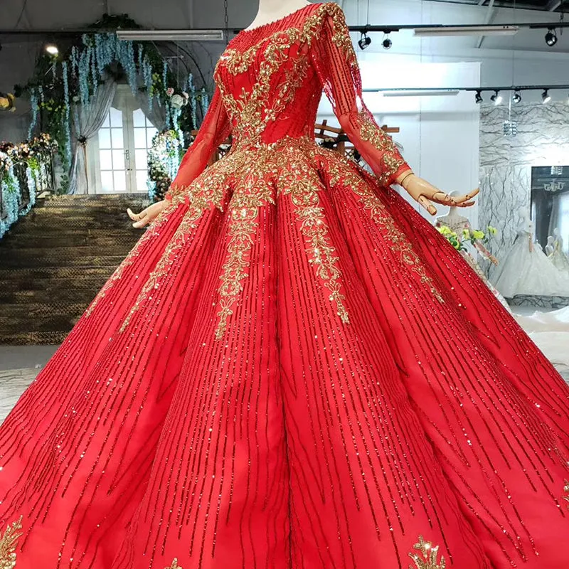 HTL218 Red Elegant Long Sleeve Muslim Women Evening Party Dress