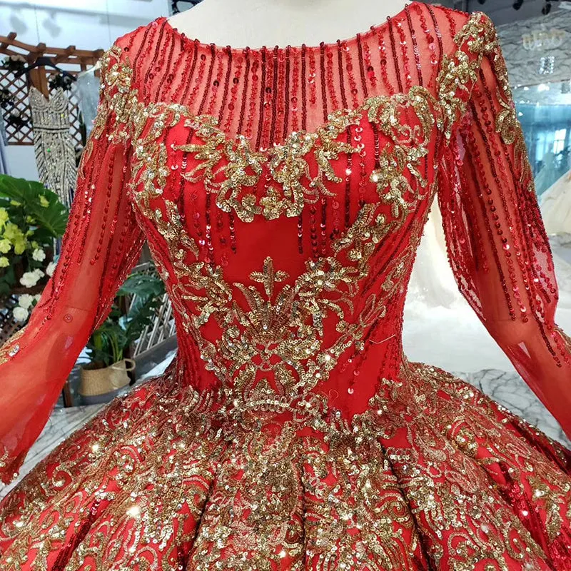 HTL218 Red Elegant Long Sleeve Muslim Women Evening Party Dress
