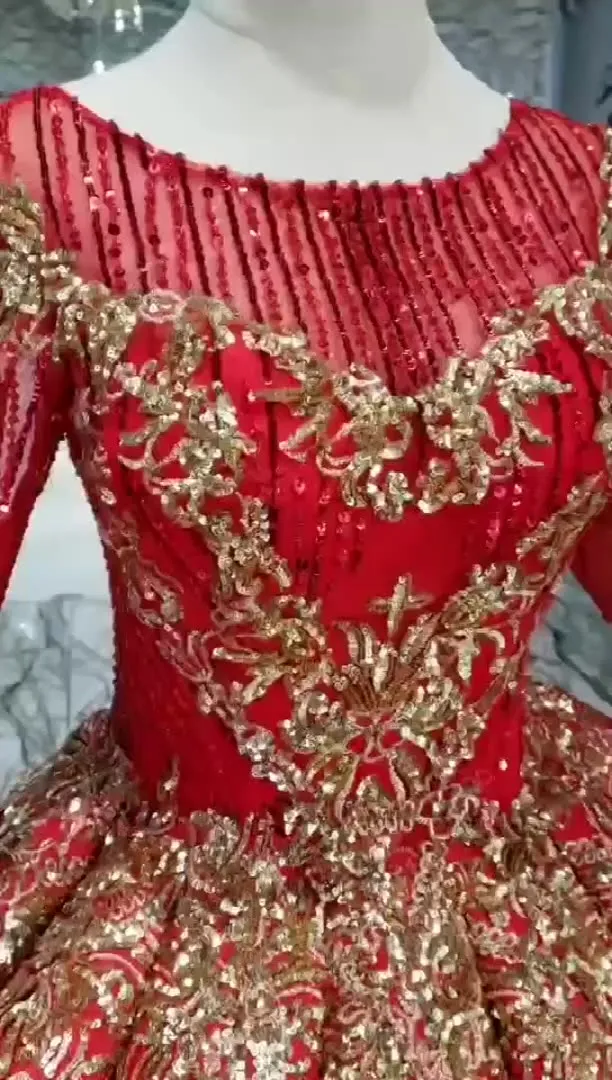 HTL218 Red Elegant Long Sleeve Muslim Women Evening Party Dress