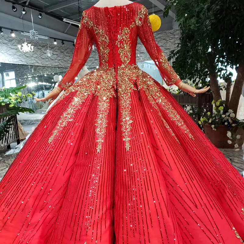 HTL218 Red Elegant Long Sleeve Muslim Women Evening Party Dress