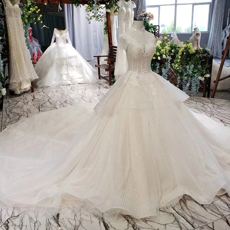 HTL635  high neck cap sleeves keyhole back with cathedral train Arab wedding dress