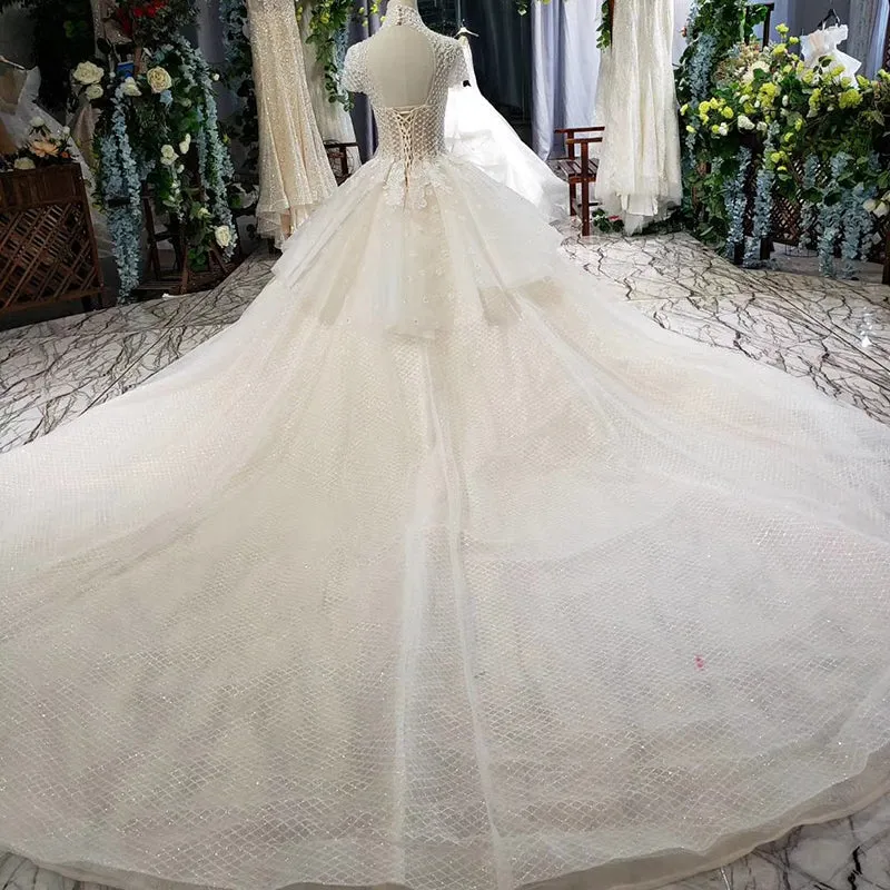 HTL635  high neck cap sleeves keyhole back with cathedral train Arab wedding dress