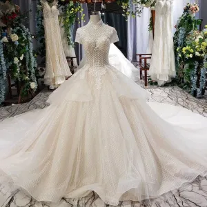 HTL635  high neck cap sleeves keyhole back with cathedral train Arab wedding dress
