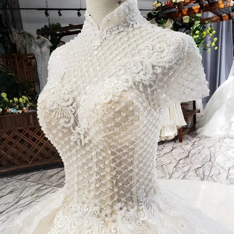 HTL635  high neck cap sleeves keyhole back with cathedral train Arab wedding dress