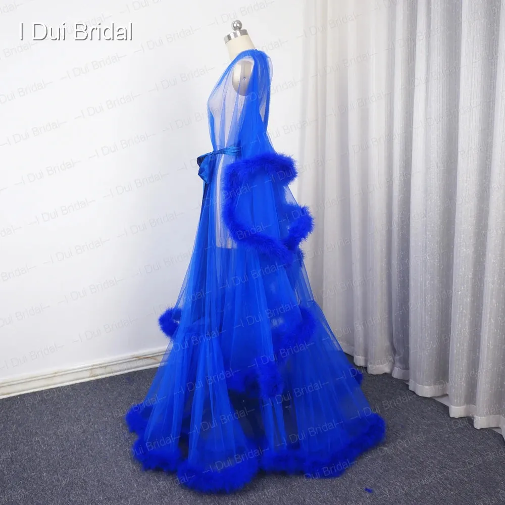 I DUI BRIDAL - Royal Blue Feather Bridal Robe Muslim Long Sleeve Masquerade Dance Dress Homecoming