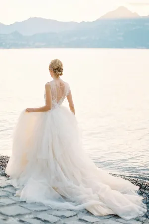 Illusion Bodice Lace Ball Gown Wedding Dress Tulle Skirt
