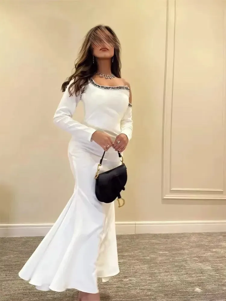 Indigo Prom Dresses Mermaid Long Sleeve Off The Shoulder Ankle-Length Beading Satin Elegant Evening Gowns For Women