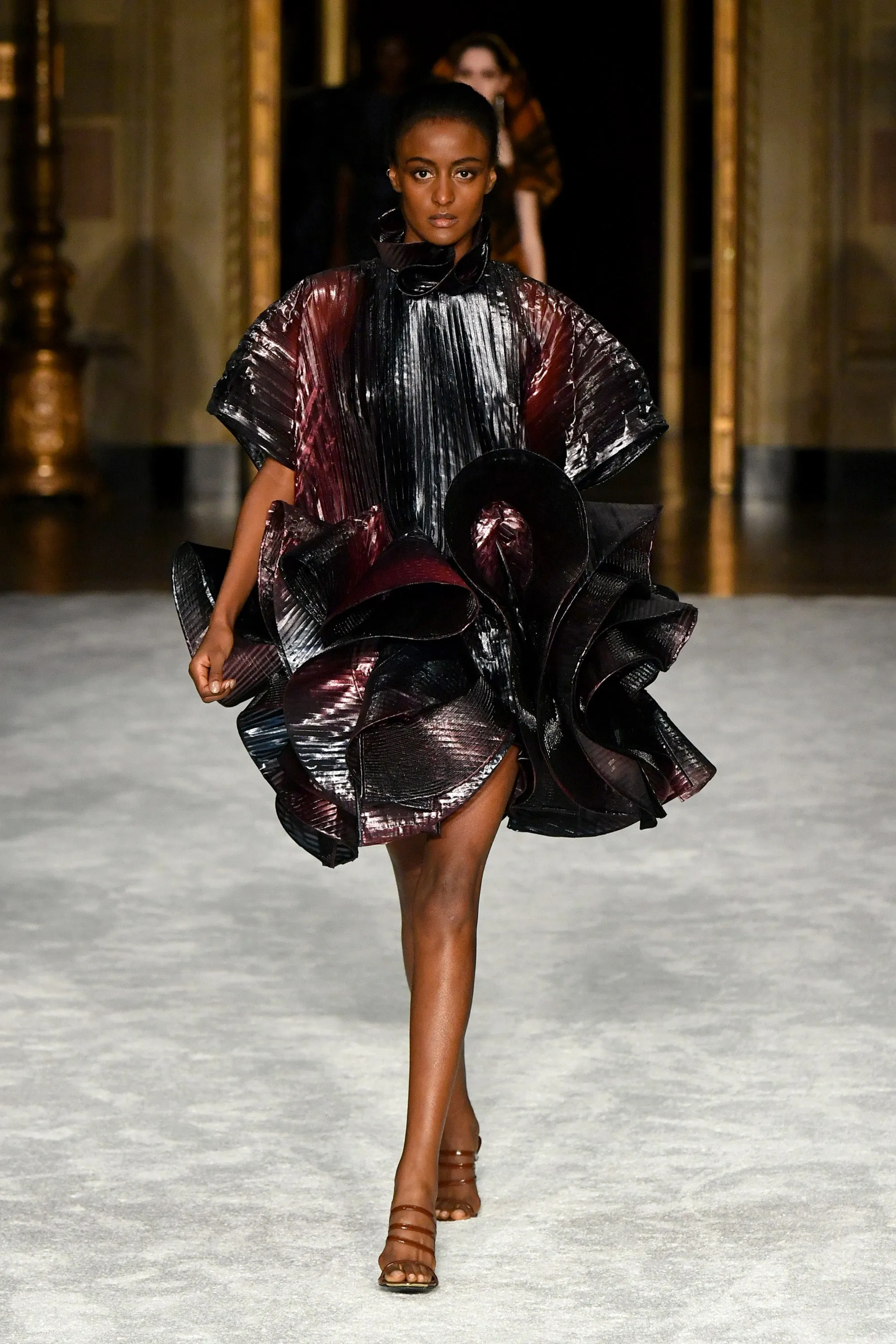 Iridescent Pleated Ruffled Mini Dress